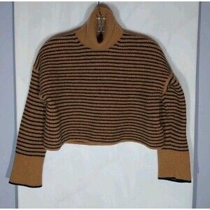 Madewell Turtleneck Sweater Sz L 100% Merino Wool Cropped Tiger Striped Warm